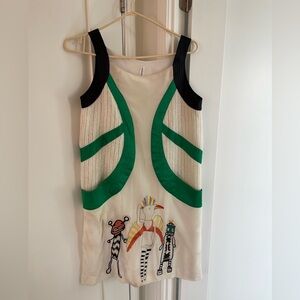 Colorful Graphic Sleeveless Silk Dress with Embroidered Front